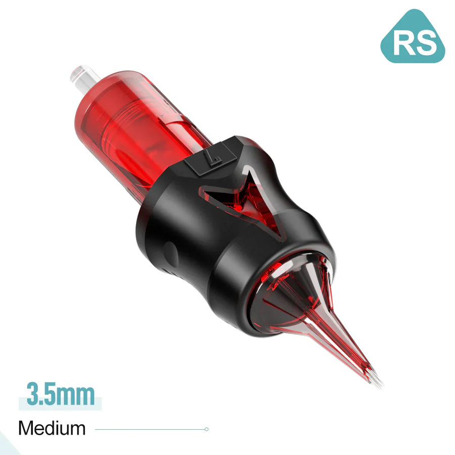 "Product page for OG Red Arrow Round Shader (RS) Tattoo Needle Cartridges – 20pcs pack, sealed EO gas-sterilized blister packaging, transparent tips, anti-backflow membrane, and precision stainless steel needles."